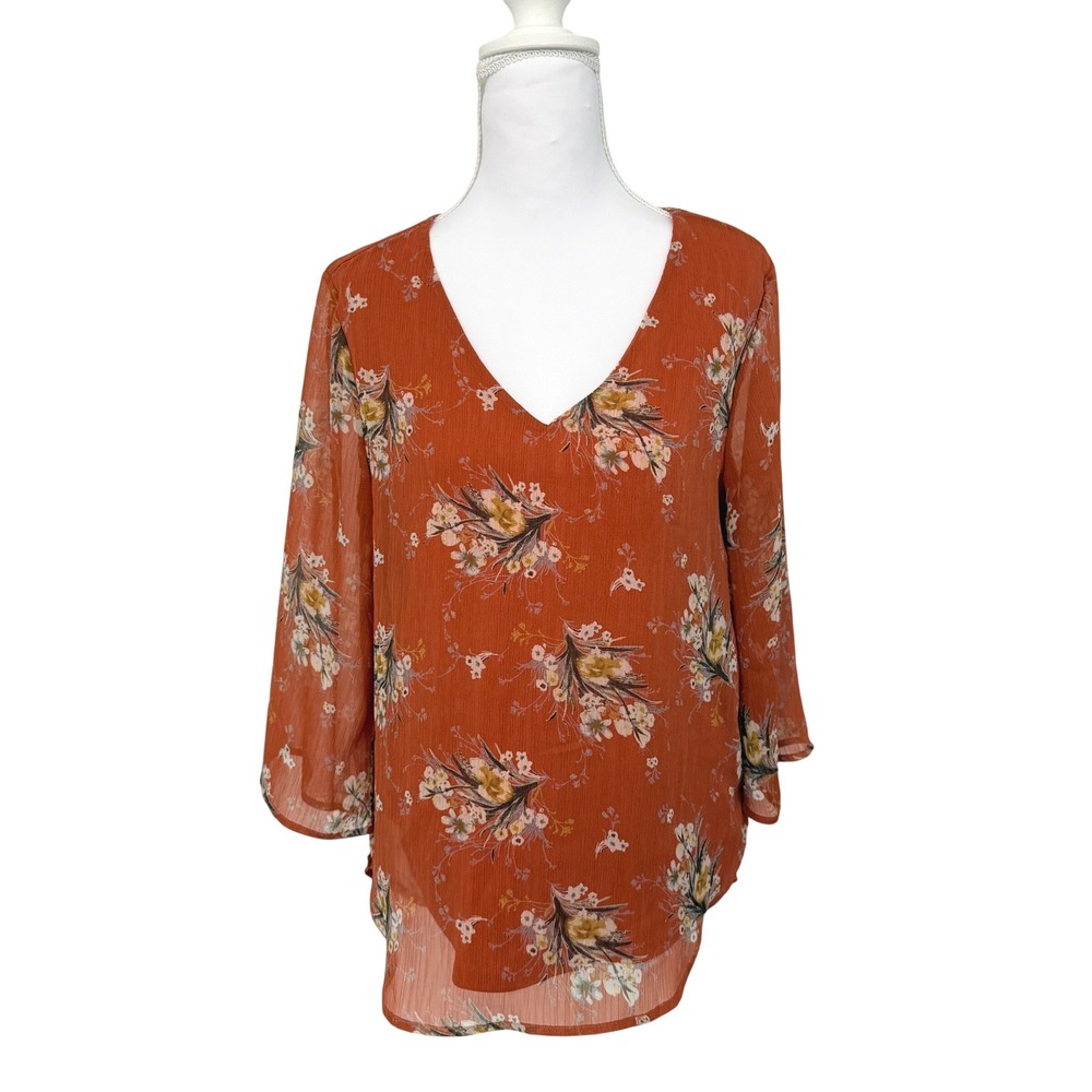 Kaileigh Floral V-Neck Blouse Womens Small Orange 3/4 Bell Sleeve HT6221-4
